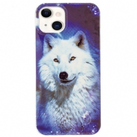 Cover iPhone 15 Plus Lupo Bianco Fluorescente