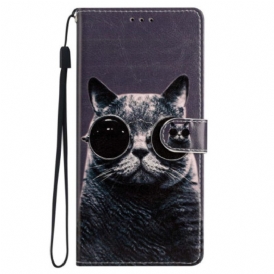 Custodia A Portafoglio iPhone 15 Plus Occhiali Con Gatto E Cinturino