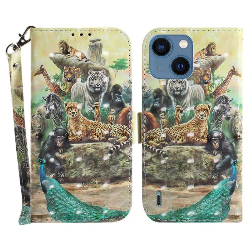 Custodia in pelle iPhone 15 Plus Animali Da Safari Con Cordino
