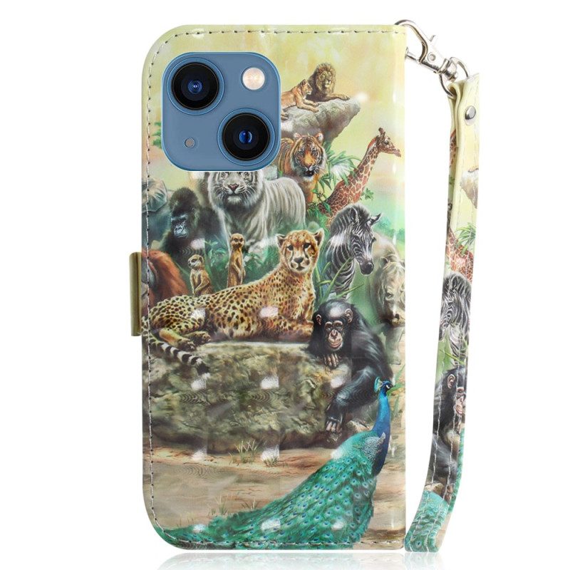 Custodia in pelle iPhone 15 Plus Animali Da Safari Con Cordino