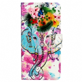 Custodia in pelle iPhone 15 Plus Elefante Acquerello Con Cordino