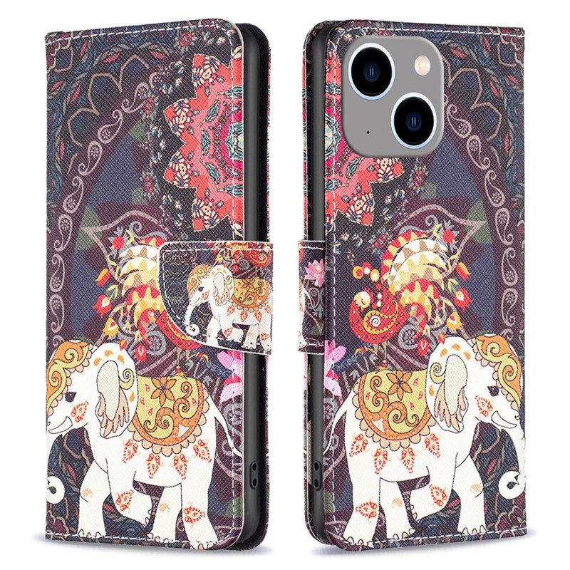 Custodia in pelle iPhone 15 Plus Elefante Tribale