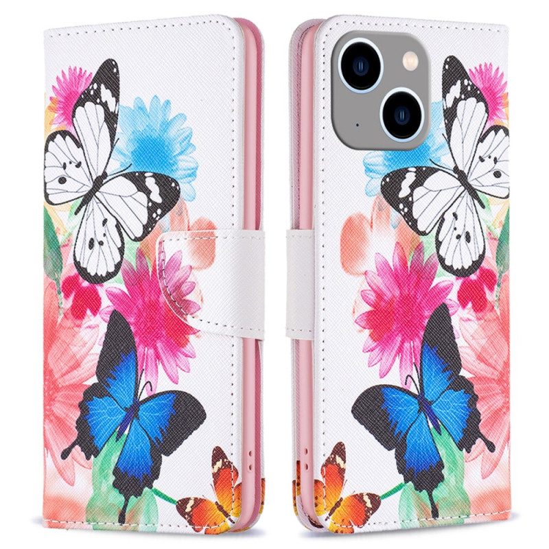 Custodia in pelle iPhone 15 Plus Farfalle Acquerellate