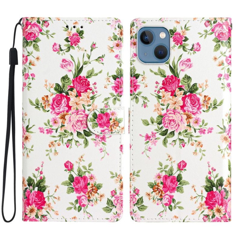 Custodia in pelle iPhone 15 Plus Fiori Con Cinturino