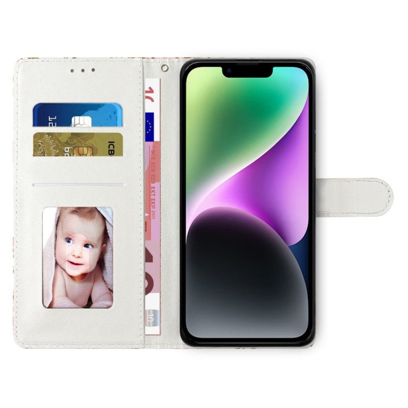 Custodia in pelle iPhone 15 Plus Fiori Con Cinturino