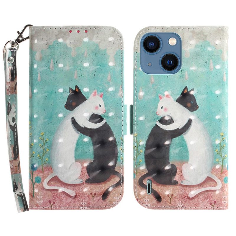 Custodia in pelle iPhone 15 Plus Gatto Nero Gatto Bianco Con Cinturino