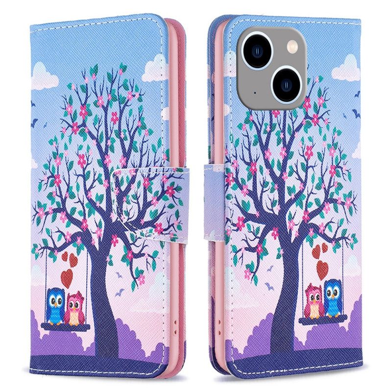 Custodia in pelle iPhone 15 Plus Gufi Sull'altalena