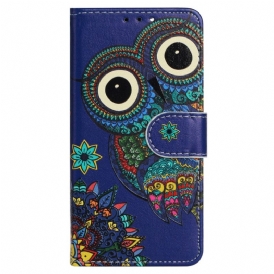 Custodia in pelle iPhone 15 Plus Gufo Tribale Con Cinturino