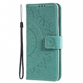 Custodia in pelle iPhone 15 Plus Mandala Del Sole Con Cordino