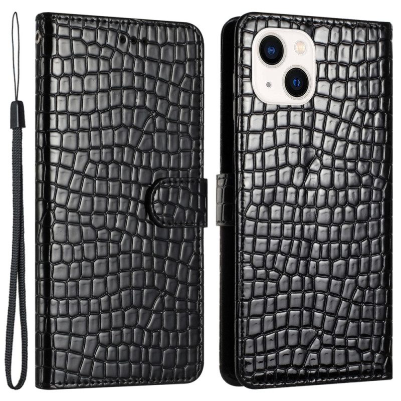Custodia in pelle iPhone 15 Plus Stile Coccodrillo Con Cinturino