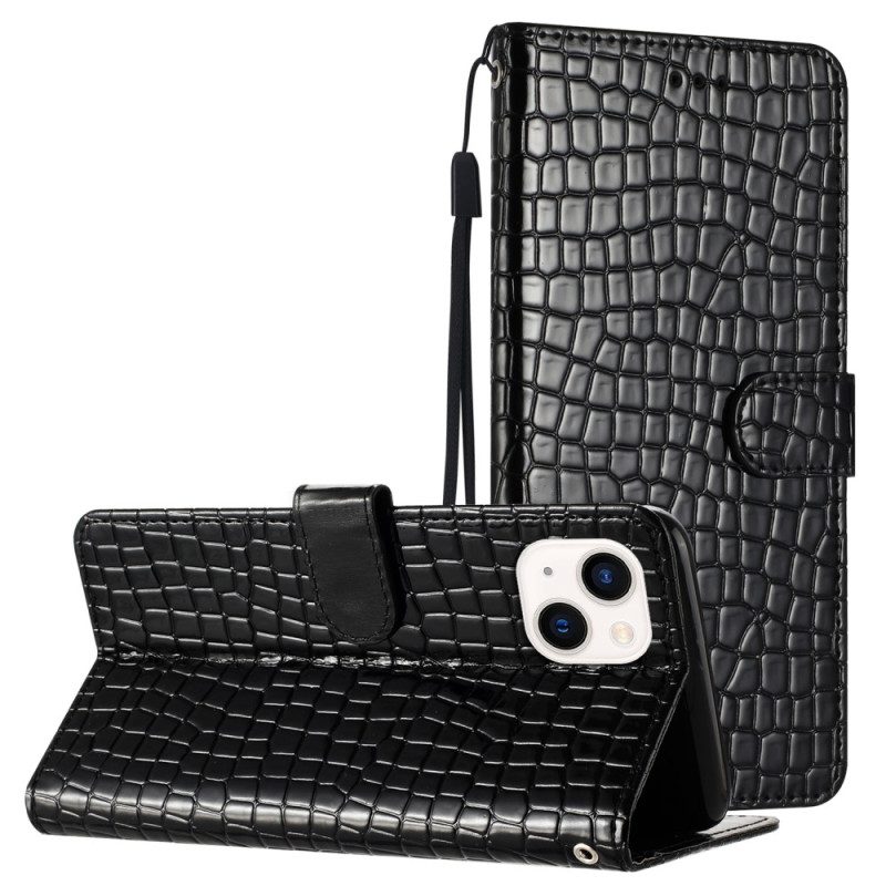 Custodia in pelle iPhone 15 Plus Stile Coccodrillo Con Cinturino