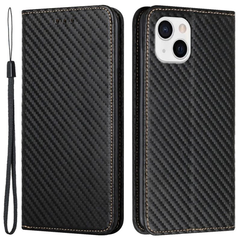 Folio Cover iPhone 15 Plus Custodia in pelle Cinturino In Fibra Di Carbonio