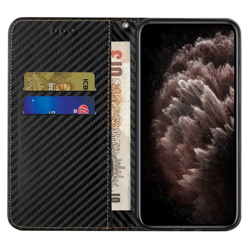 Folio Cover iPhone 15 Plus Custodia in pelle Cinturino In Fibra Di Carbonio