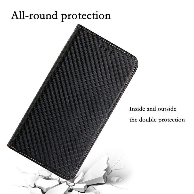 Folio Cover iPhone 15 Plus Custodia in pelle Cinturino In Fibra Di Carbonio