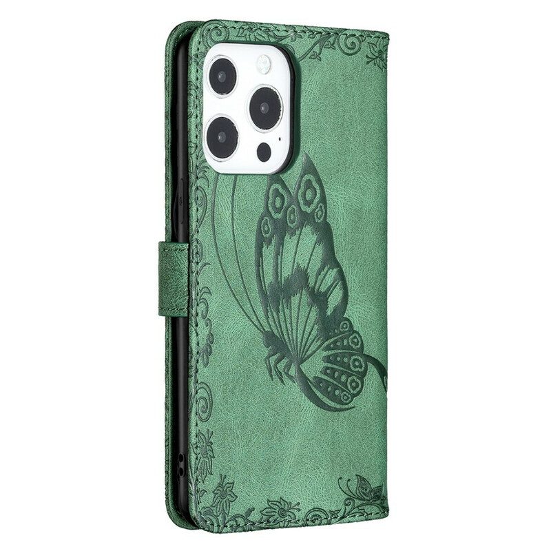Custodia A Portafoglio iPhone 13 Pro Max Farfalla Barocco Strappy