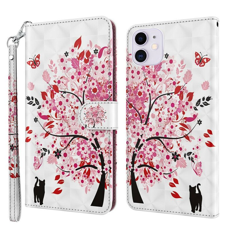 Custodia in pelle iPhone 13 Pro Max Albero Rosa E Gatto Nero