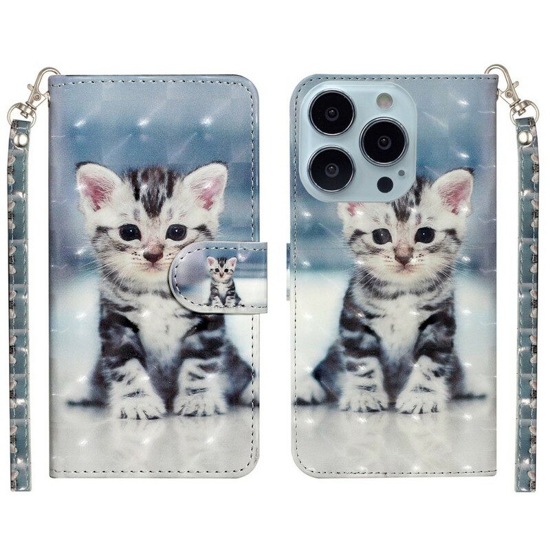 Custodia in pelle iPhone 13 Pro Max Punti Luce Gattino Con Cinturino