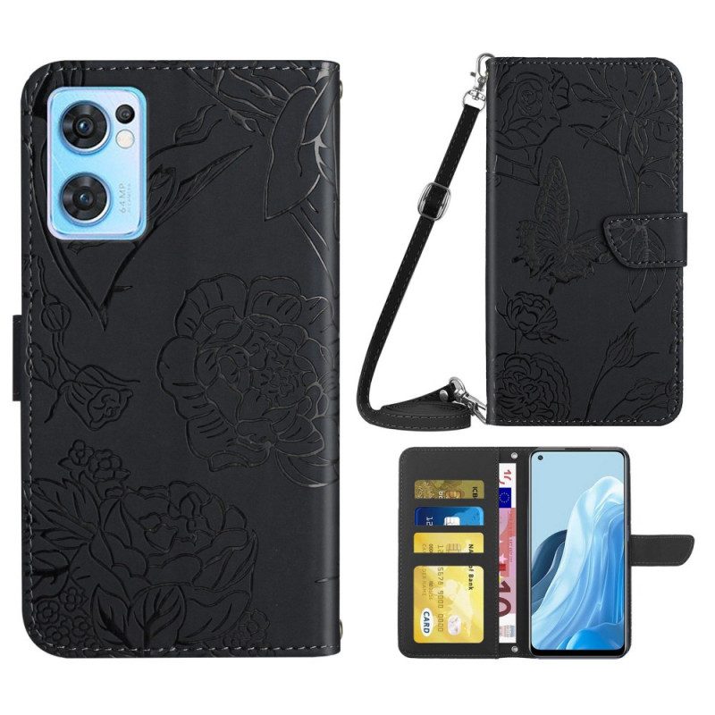 Custodia in pelle Oppo Find X5 Lite Farfalle Con Tracolla