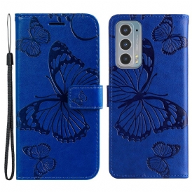 Custodia in pelle Motorola Edge 20 Farfalle Con Cinturino Gigante