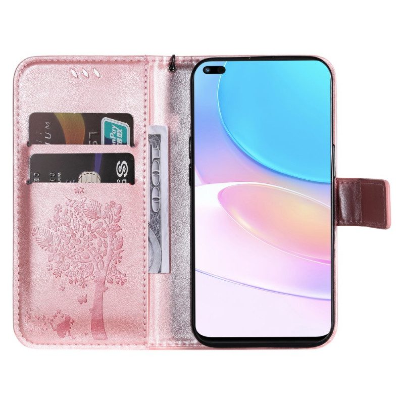 Custodia in pelle Huawei Nova 8i Albero E Gatto Strappy