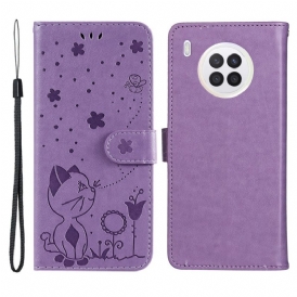 Custodia in pelle Huawei Nova 8i Gatto E Ape Con Cordino