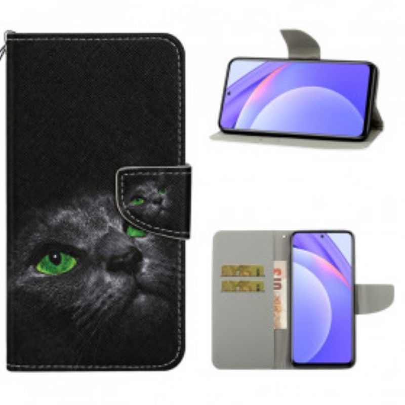 Custodia in pelle Xiaomi Redmi Note 9 Pro 5G Gatto Dagli Occhi Verdi Con Cordino