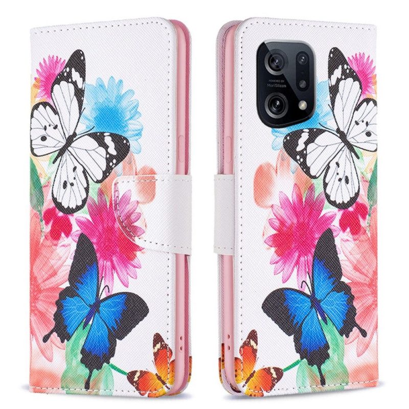 Custodia A Portafoglio Oppo Find X5 Farfalle Dell'acquerello