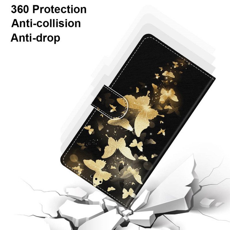 Custodia in pelle Xiaomi Redmi 10A Farfalle Dorate Con Cinturino