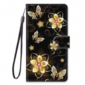 Custodia in pelle Xiaomi Redmi 10A Fiori Cinturino In Oro