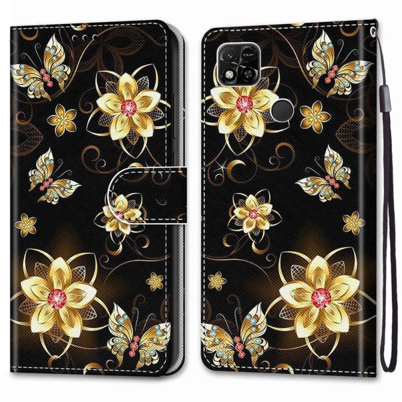 Custodia in pelle Xiaomi Redmi 10A Fiori Cinturino In Oro