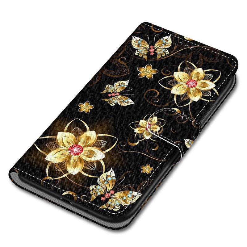 Custodia in pelle Xiaomi Redmi 10A Fiori Cinturino In Oro