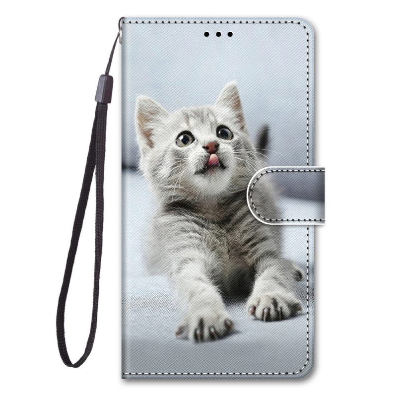 Custodia in pelle Xiaomi Redmi 10A Gattino Bianco Con Cinturino