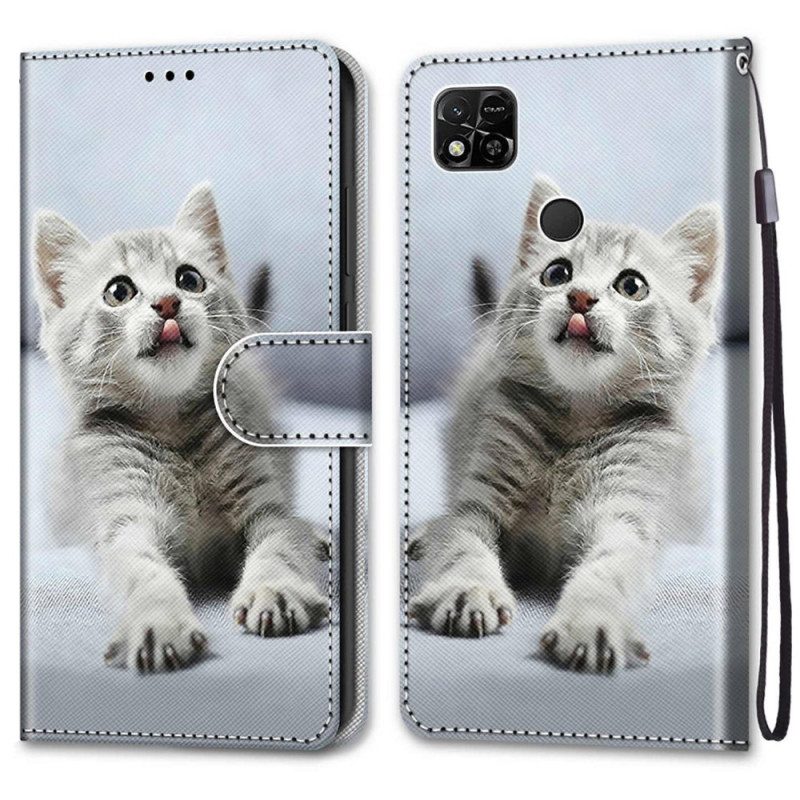 Custodia in pelle Xiaomi Redmi 10A Gattino Bianco Con Cinturino