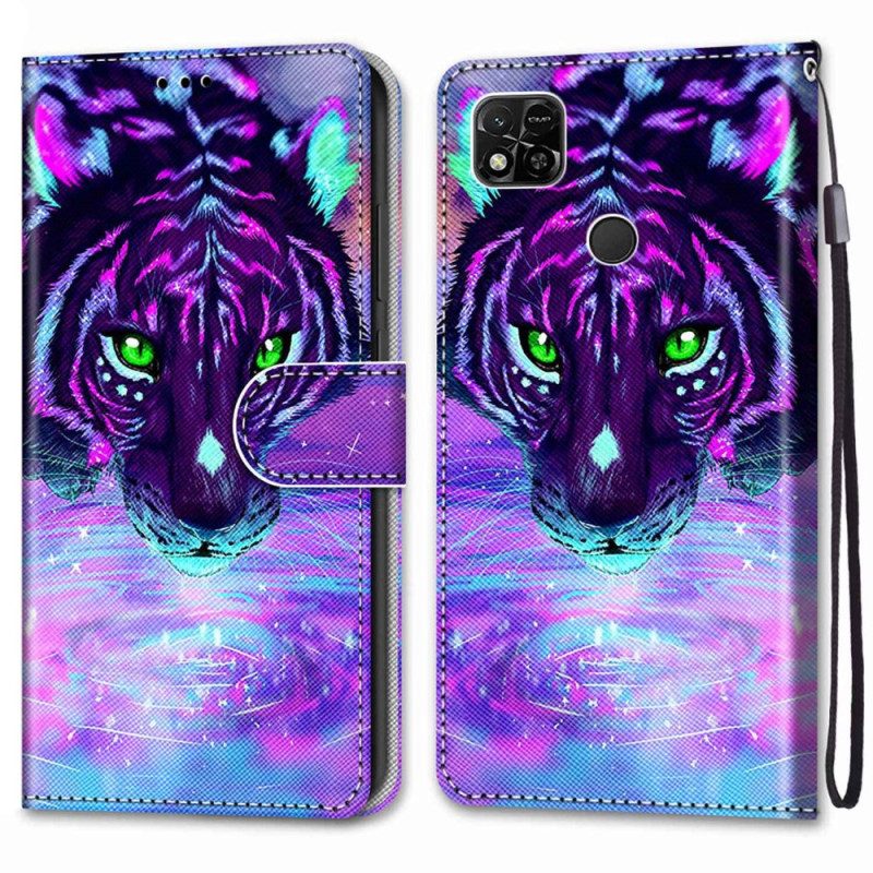 Custodia in pelle Xiaomi Redmi 10A Tigre Al Neon Con Cinturino