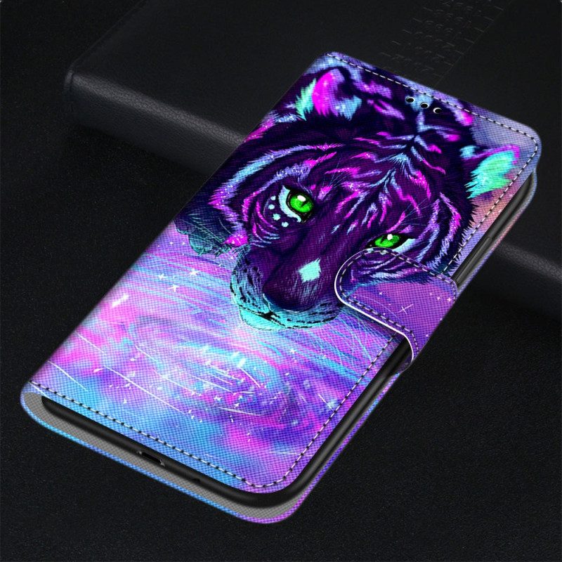 Custodia in pelle Xiaomi Redmi 10A Tigre Al Neon Con Cinturino