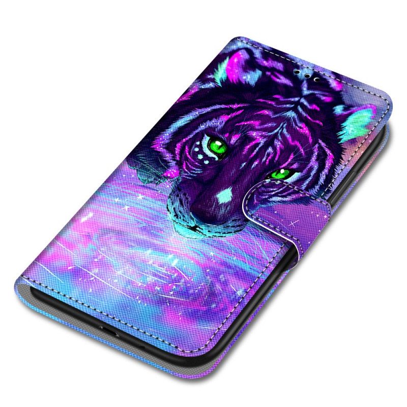 Custodia in pelle Xiaomi Redmi 10A Tigre Al Neon Con Cinturino
