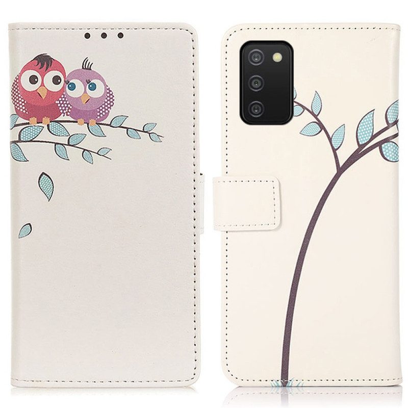 Custodia in pelle Samsung Galaxy A03s Paio Di Gufi Sull'albero