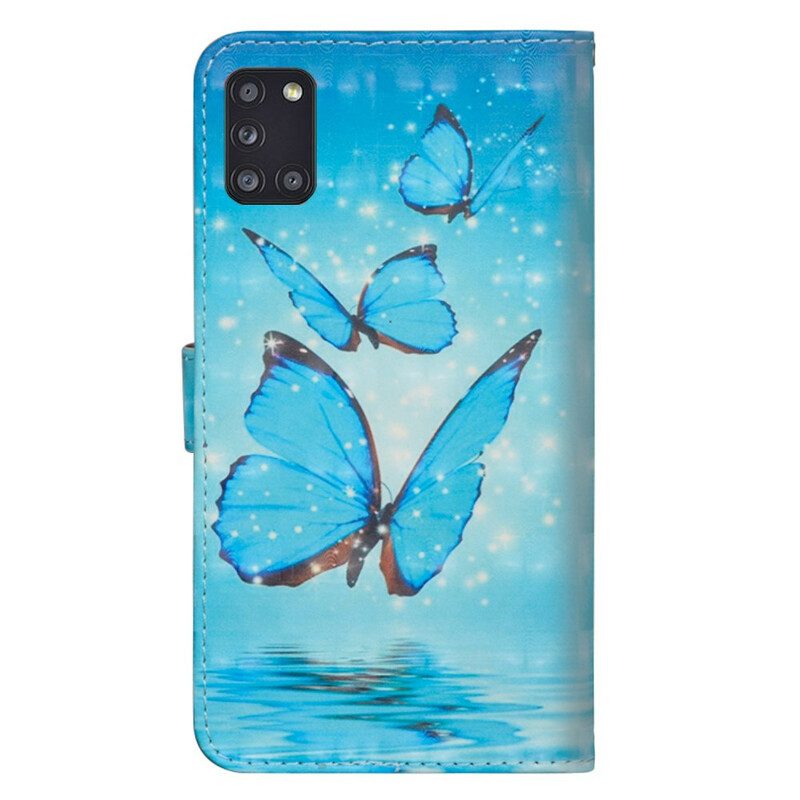 Custodia in pelle Samsung Galaxy A31 Farfalle Blu Volanti