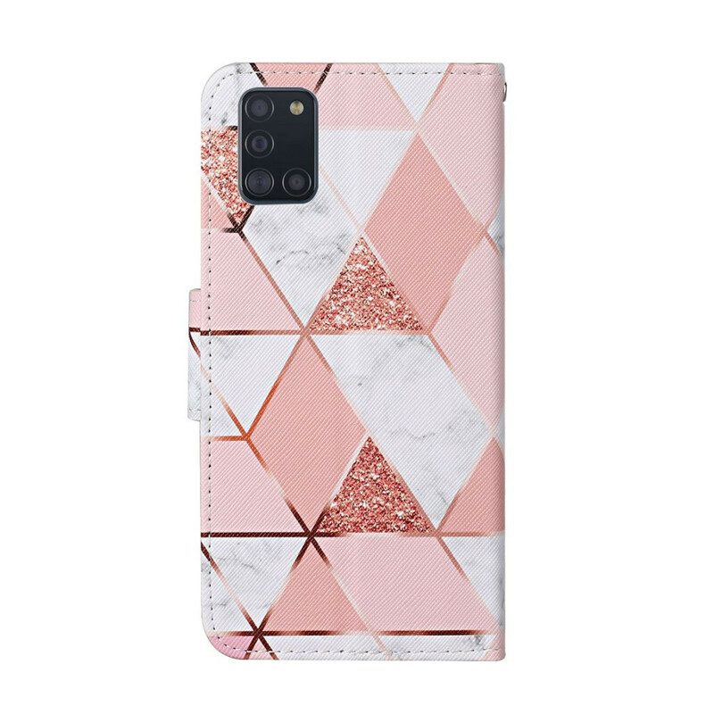 Custodia in pelle Samsung Galaxy A31 Marmo E Paillettes Con Cinturino
