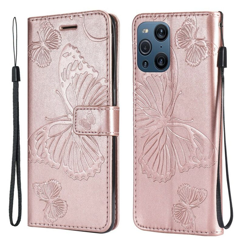 Custodia in pelle Oppo Find X3 Pro Folio Cover Farfalle E Lembo Obliquo