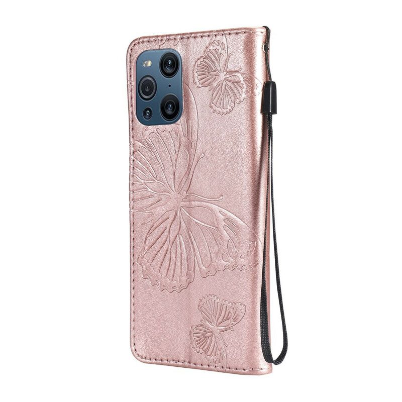 Custodia in pelle Oppo Find X3 Pro Folio Cover Farfalle E Lembo Obliquo