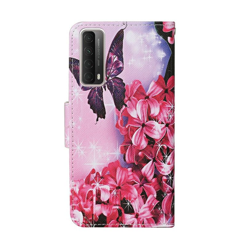 Custodia in pelle Huawei P Smart 2021 Cordino Floreale Con Farfalle