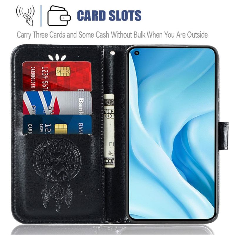 Custodia A Portafoglio Xiaomi Mi 11 Lite 4G / 5G / 5G NE Gufo Acchiappasogni Effetto Pelle