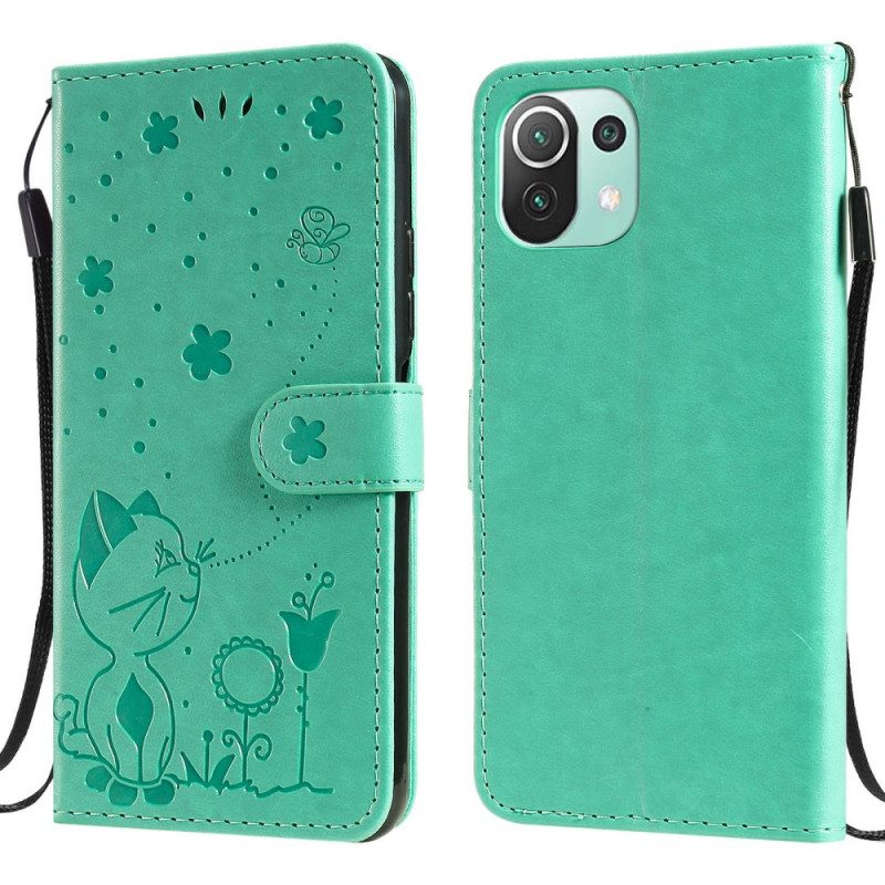 Custodia in pelle Xiaomi Mi 11 Lite 4G / 5G / 5G NE Gatto E Ape Con Cordino