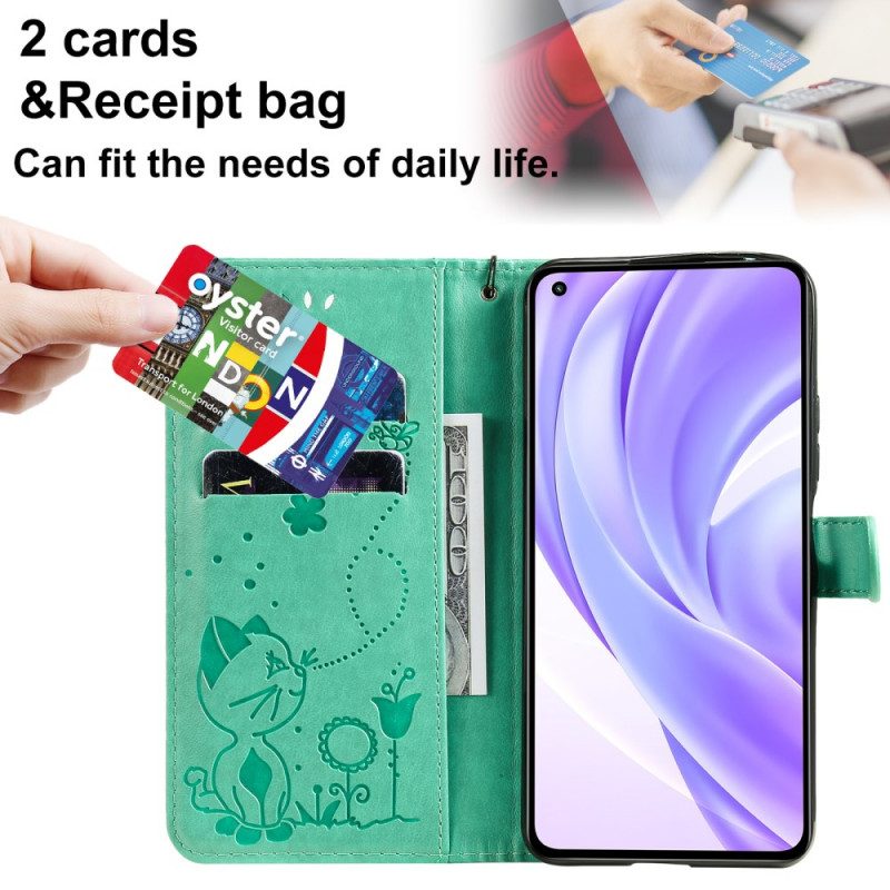 Custodia in pelle Xiaomi Mi 11 Lite 4G / 5G / 5G NE Gatto E Ape Con Cordino