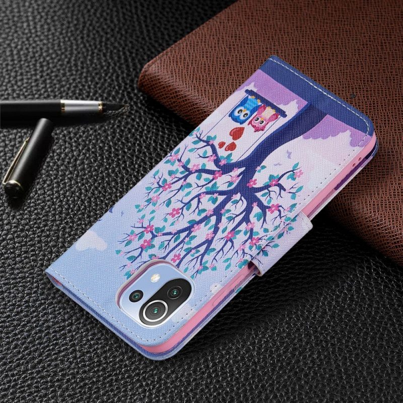 Custodia in pelle Xiaomi Mi 11 Lite 4G / 5G / 5G NE Gufi Sull'altalena