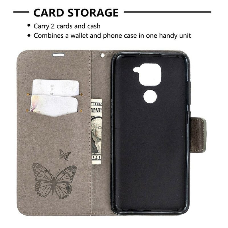 Custodia in pelle Xiaomi Redmi Note 9 Folio Cover Farfalle E Lembo Obliquo