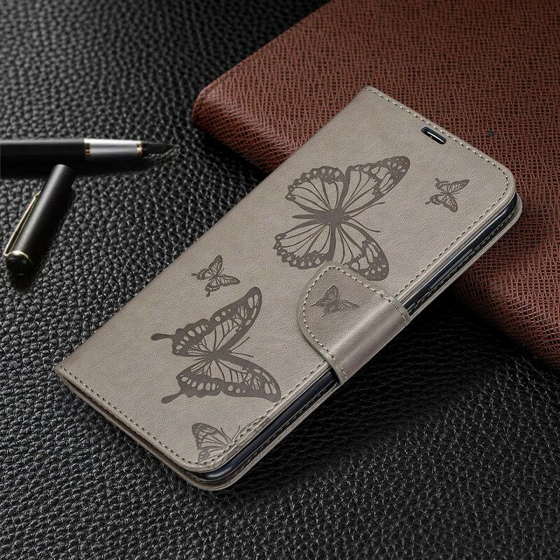 Custodia in pelle Xiaomi Redmi Note 9 Folio Cover Farfalle E Lembo Obliquo
