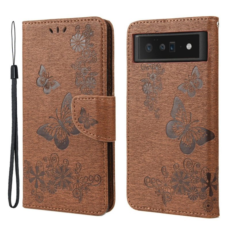 Custodia in pelle Google Pixel 6 Pro Splendide Farfalle Cinturino