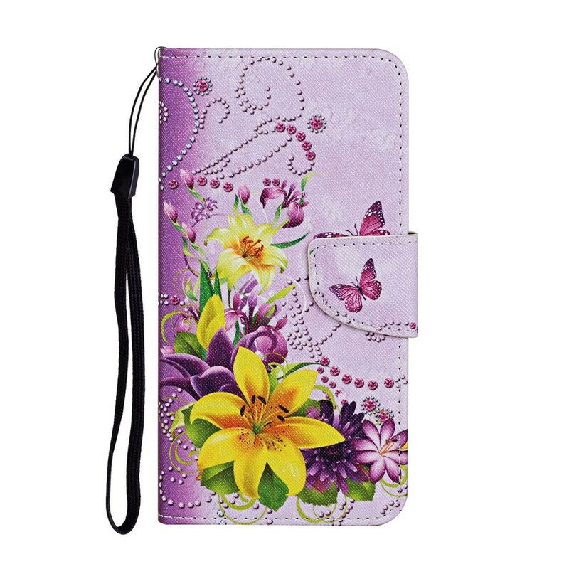 Custodia in pelle iPhone 12 Pro Max Fiori Magistrali Con Cinturino